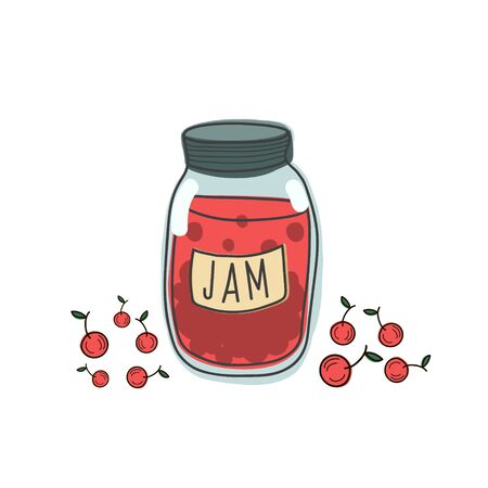 Vector pattern of jam jars with cherries. Illustration of sweet food in the style of doodle. Hand-drawn drawingのイラスト素材