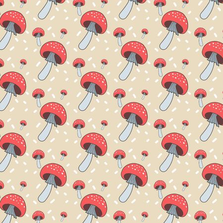 Amanita mushrooms on a yellow background. Vector pattern with color illustrations by hand in doodle style.のイラスト素材