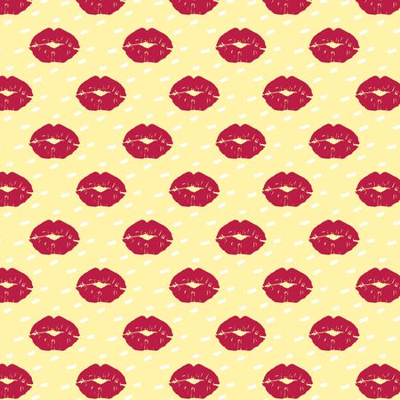 Vector pattern with prints of red lips. A splendid ornament with kisses on a yellow backgroundのイラスト素材