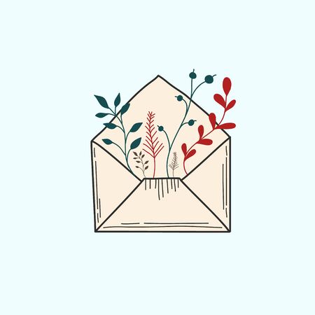 Open envelope with plants. Mail symbol. Colored Vector illustration in doodle style.のイラスト素材
