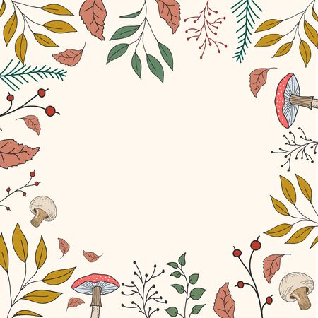Frame of autumn plants. Vector color illustration with leaves, mushrooms, autumn foliageのイラスト素材