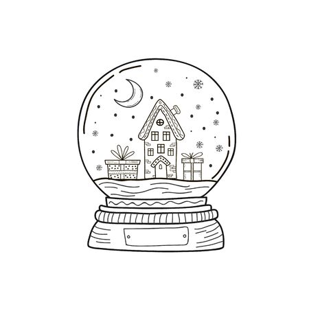 Christmas crystal ball with a house. Vector linear illustration. Gingerbread house with christmas giftsのイラスト素材