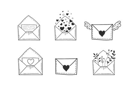 A set of envelopes. Vector illustration of hands in doodle style. Drawings of letters.のイラスト素材