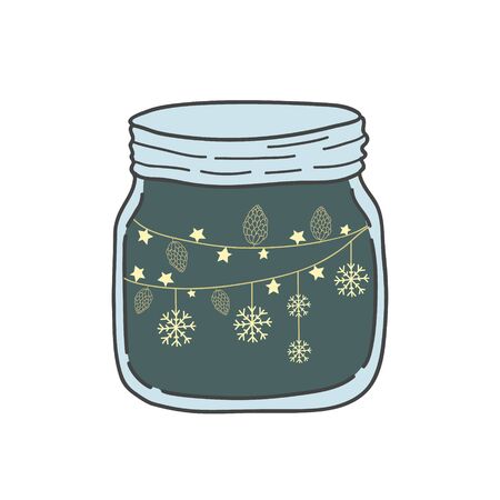 Jar with stars and snowflakes. Vector doodle style doodle. Festive fashion design.のイラスト素材