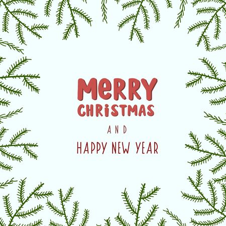 Vector background with Christmas tree branches and the inscription Merry Christmas and Happy New Year. Christmas design. Festive Christmas background.のイラスト素材