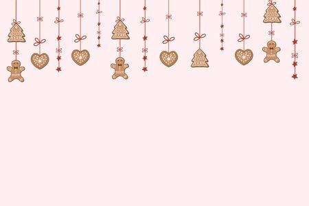 Christmas background with gingerbread cookies, gingerbread men and stars. Festive New Year designのイラスト素材