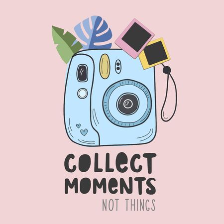 Instant photo camera with photos. Illustration with a camera and tropical leaves. Collect moments, not things.のイラスト素材