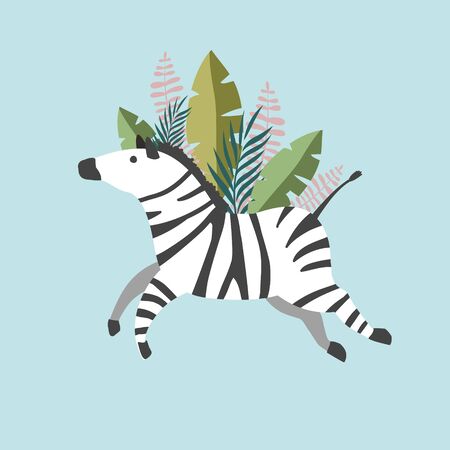 Illustration with a zebra with tropical leaves. Vector drawing of an animal in flat style. Blue background.のイラスト素材