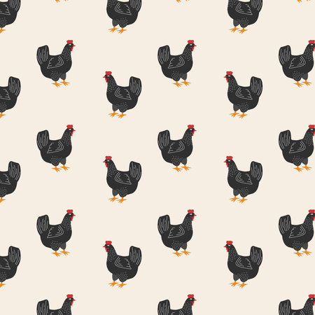 Chicken pattern. Vector minimalistic ornament with black chicken in flat style. Cartoon drawing. Farm animals.のイラスト素材