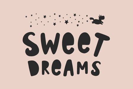 Sweet Dreams. Vector lettering with a silhouette of stars and a unicorn. Vector freehand illustration in doodle styleのイラスト素材