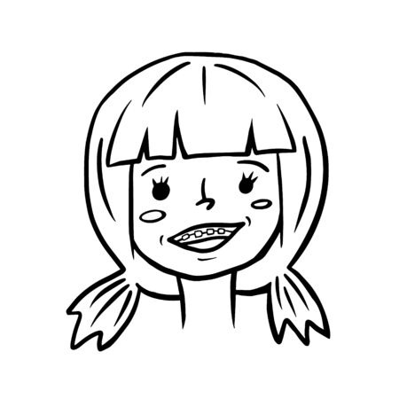 A smiling girl. Vector linear illustration of a girl with braces. Sketch style portraitのイラスト素材