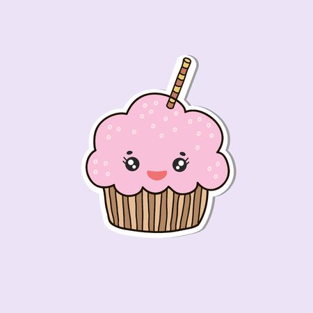 Kawaii Cupcake. Vector color sketch of a cake. Cartoon character cupcake. Cartoon illustrationのイラスト素材