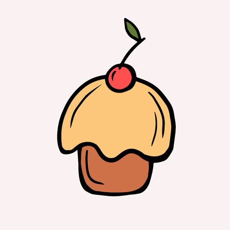 Cupcake with a cherry. color illustration in cartoon style. Doodle style cake drawingのイラスト素材
