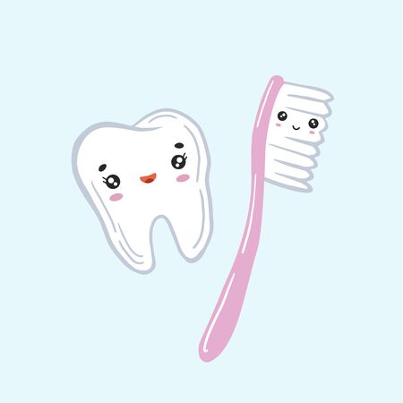 Tooth and toothbrush. Vector illustration for dentistry. Kawaii charactersのイラスト素材