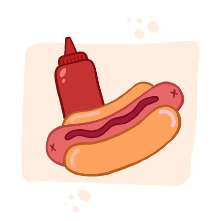 Hot dog and ketchup. Vector color illustration in cartoon style. Fast food.のイラスト素材