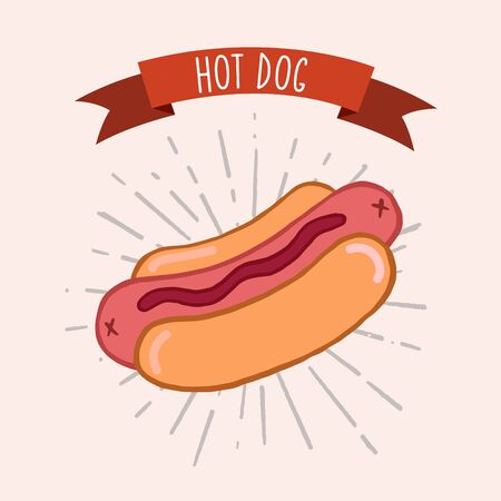 Hot Dog. Vector color naya illustration. Freehand drawing in cartoon style. Vintage poster design.のイラスト素材
