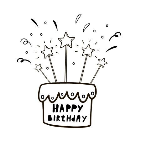 Happy Birthday. Birthday cake. Vector illustration in doodle style. Birthday card design. Cake with candles.のイラスト素材