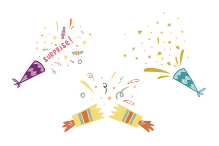 Confetti set. Birthday design. Vector illustration. Set of fireworks. Cartoon drawing in flat style.のイラスト素材