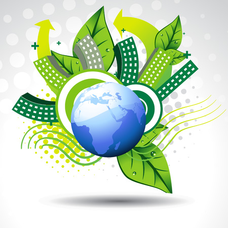 vector blue earth with buildings and leafs around itのイラスト素材