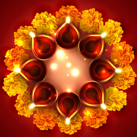 Vector background of diwali diya with flowersのイラスト素材