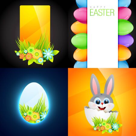 vector set of easter background with cartoon bunny, colorful egg and flowerのイラスト素材