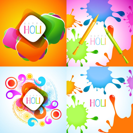 vector set of holi background with colorful splashes and pichkariのイラスト素材