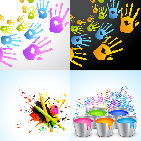 vector set of holi background illustration with pichkari , hand and bucket illustrationのイラスト素材
