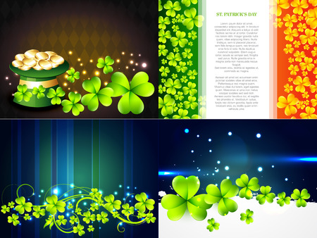 vector set of saint patrick's day background with gold coins in hat and clover leafsのイラスト素材
