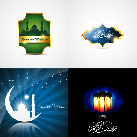 vector attractive set of ramadan kareem background with beautiful lamp and mosque illustrationのイラスト素材
