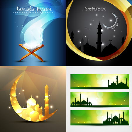vector set of attractive background of ramadan kareem with banner illustrationのイラスト素材