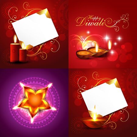 vector set of diwali holiday background illustration with decorated diya, candle, florals and rangoli designのイラスト素材