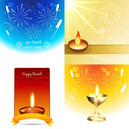 vector set of colorful background of diwali with shubh deepawali (translation: happy diwali)のイラスト素材