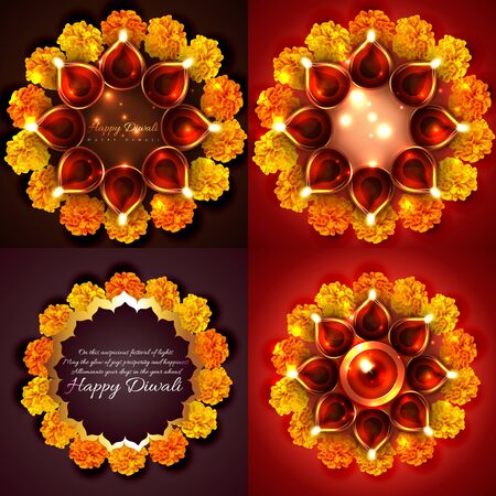 vector collection of decorated diwali diya with flowers background illustrationのイラスト素材