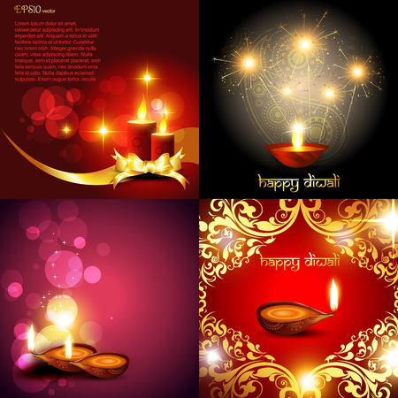 vector set of diwali background with diya, decorated candle, florals and fireworksのイラスト素材