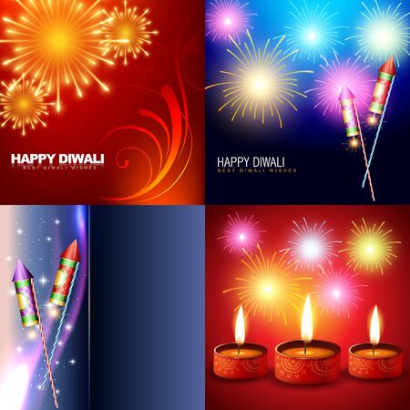 vector set of diwali holiday background with fireworks and diyaのイラスト素材
