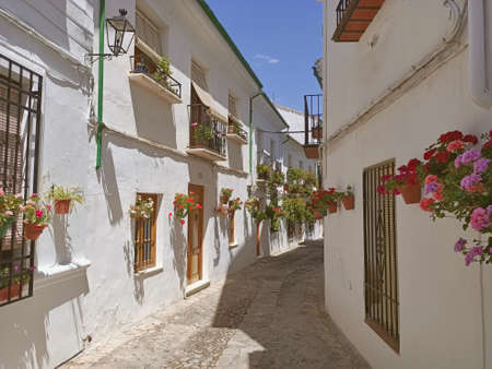 Beuautiful streets full of flowers in old town of Priego de CÃ³rdoba Andalusia Spainの写真素材