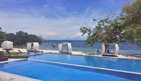Batangas, Philippines, June 2019 - Beautiful beach resort & spa with amazing see views and relaxing areasのeditorial素材