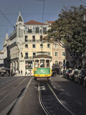 Yellow tram on the streets in Lisbon, Portugalのeditorial素材