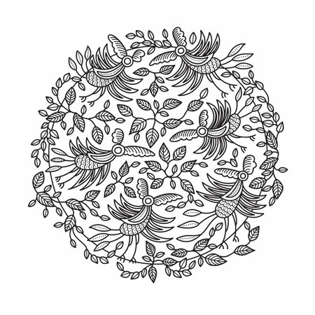 Birds Pattern and Foliage in Batik Style. Can be Used for T-Shirt Design, Poster, Background and othersのイラスト素材