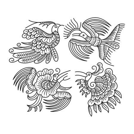 Birds of Paradise Vector Set in Batik Style. Can be Used for Logo, Pattern, Graphic Element or Tattoo Imageのイラスト素材