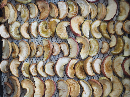 Sliced apples are dried on a metal wire rack from a home dryer. Wooden white rustic table.