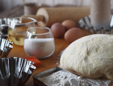 Dough for Easter cakes, croissants, rolls or bread on the background of molds for Easter cakes and...