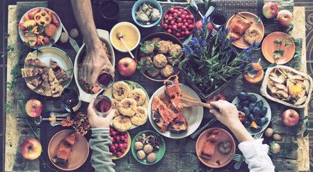 Country style. Thanksgiving table. A lot of food. The guests' hands hold wine over the set table....