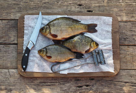 Freshly caught golden carp on a kitchen cutting board is ready to be scaled. Russian river fish.の写真素材