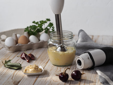 The concept of making mayonnaise at home. A jar with ready-made mayonnaise, vegetable oil, eggs and...