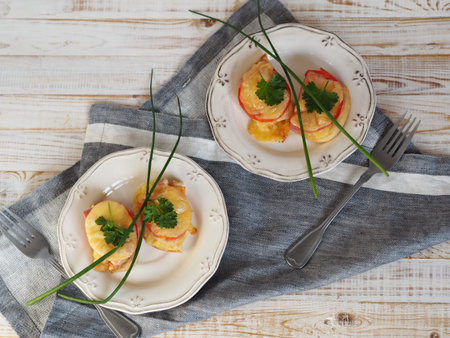 Natural healthy food. Sandwiches on a wooden white plate for two. Hot homemade sandwiches with...