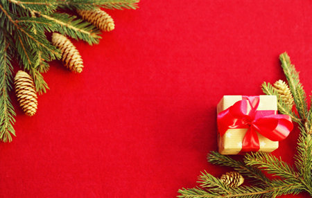 Christmas greeting felt background with place for text.A gift tied with a red ribbon surrounded by fir branches with cones.の写真素材