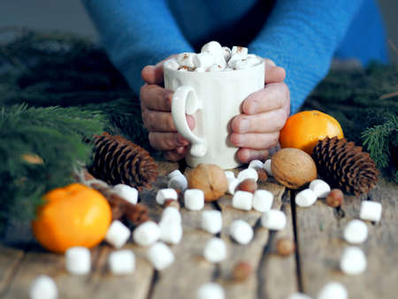 An elderly woman holds a mug of cocoa with marshmallows with her hands on a wooden background with fir branches and natural decorations. Happy New Year and Happy Christmas.の写真素材