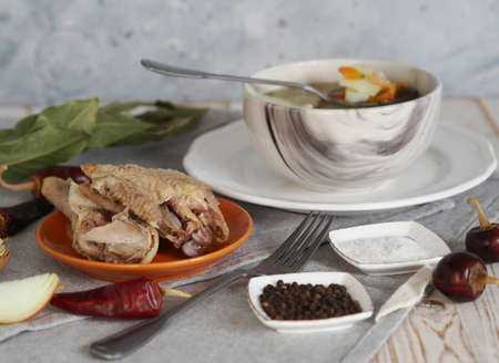 Homemade chicken potato soup.Healthy natural food.の写真素材