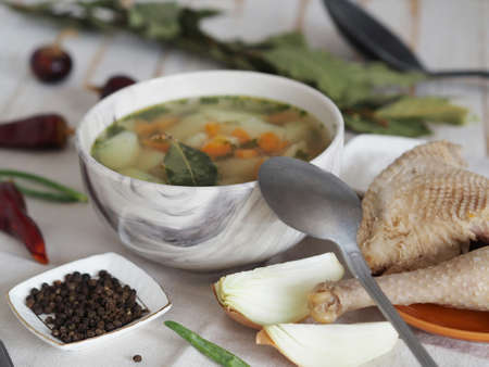 Homemade chicken potato soup.Healthy natural food.の写真素材